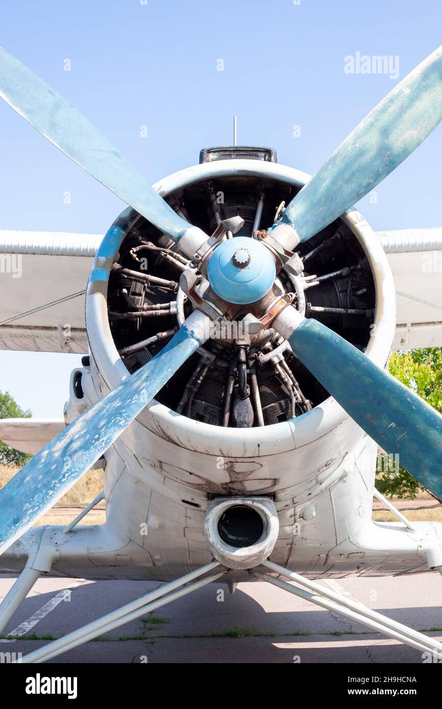 Old airplane engine close up. Radial engine of an propeller aircraft