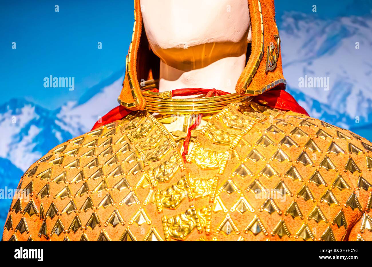 Body armor of Golden Warrior Man; a noble Saka warrior of V-IV century BC. Costume and equipment reconstruction, Museum in Turkistan, Kazakhstan Stock Photo