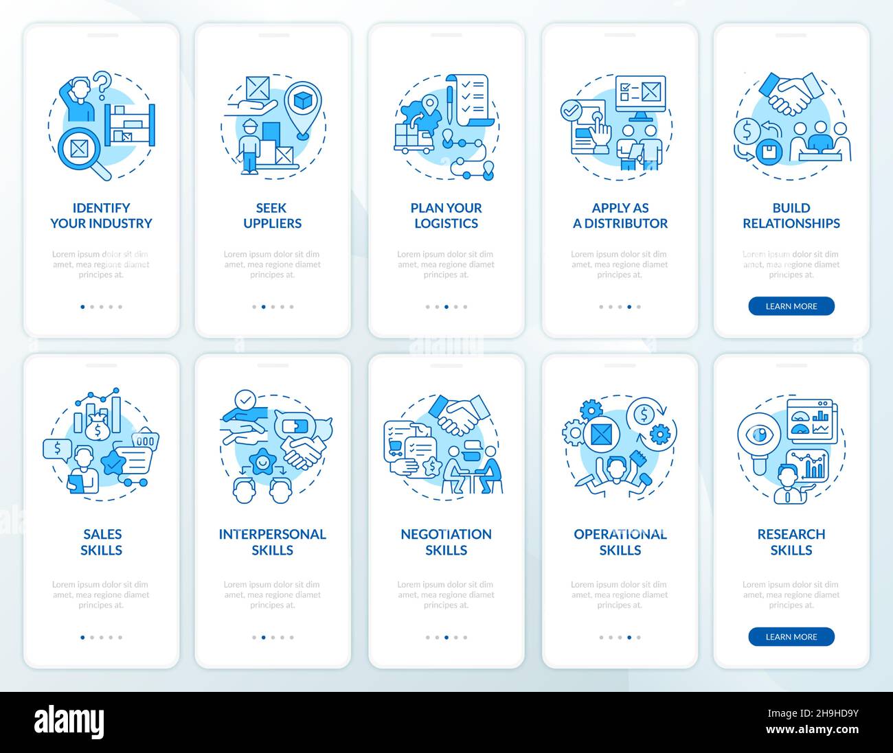 Distribution business startup tips onboarding mobile app page screen set Stock Vector