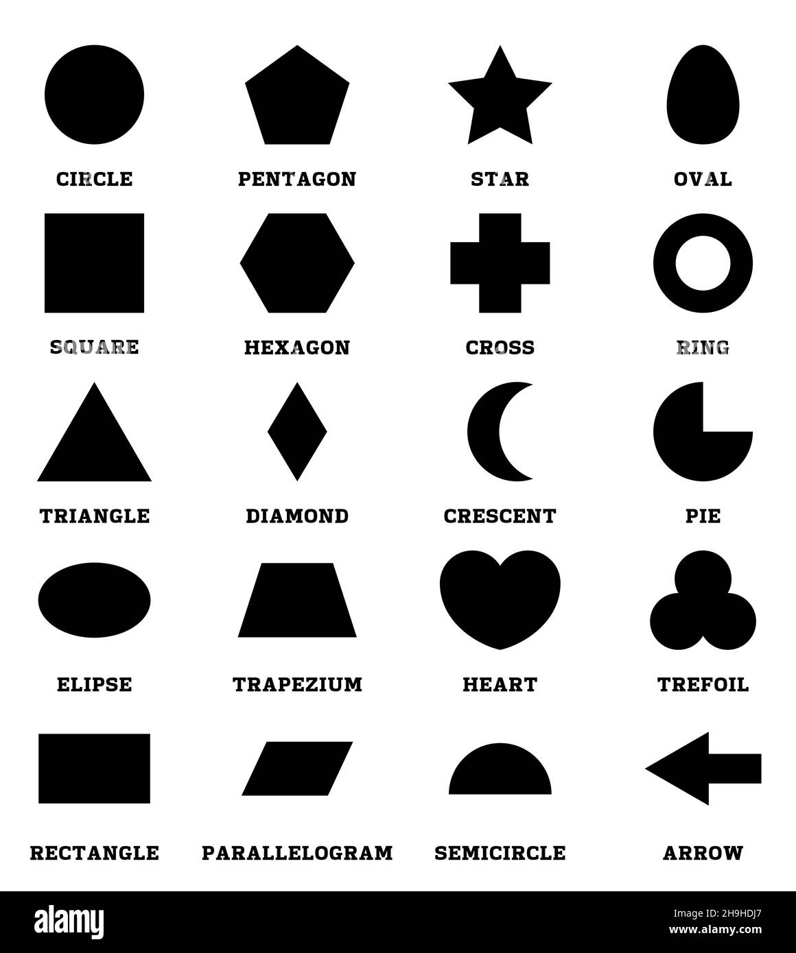 2D black shapes set with vocabulary in english with their name. clip art  collection for child learning, geometric shapes flash card of preschool  kids Stock Vector Image & Art - Alamy