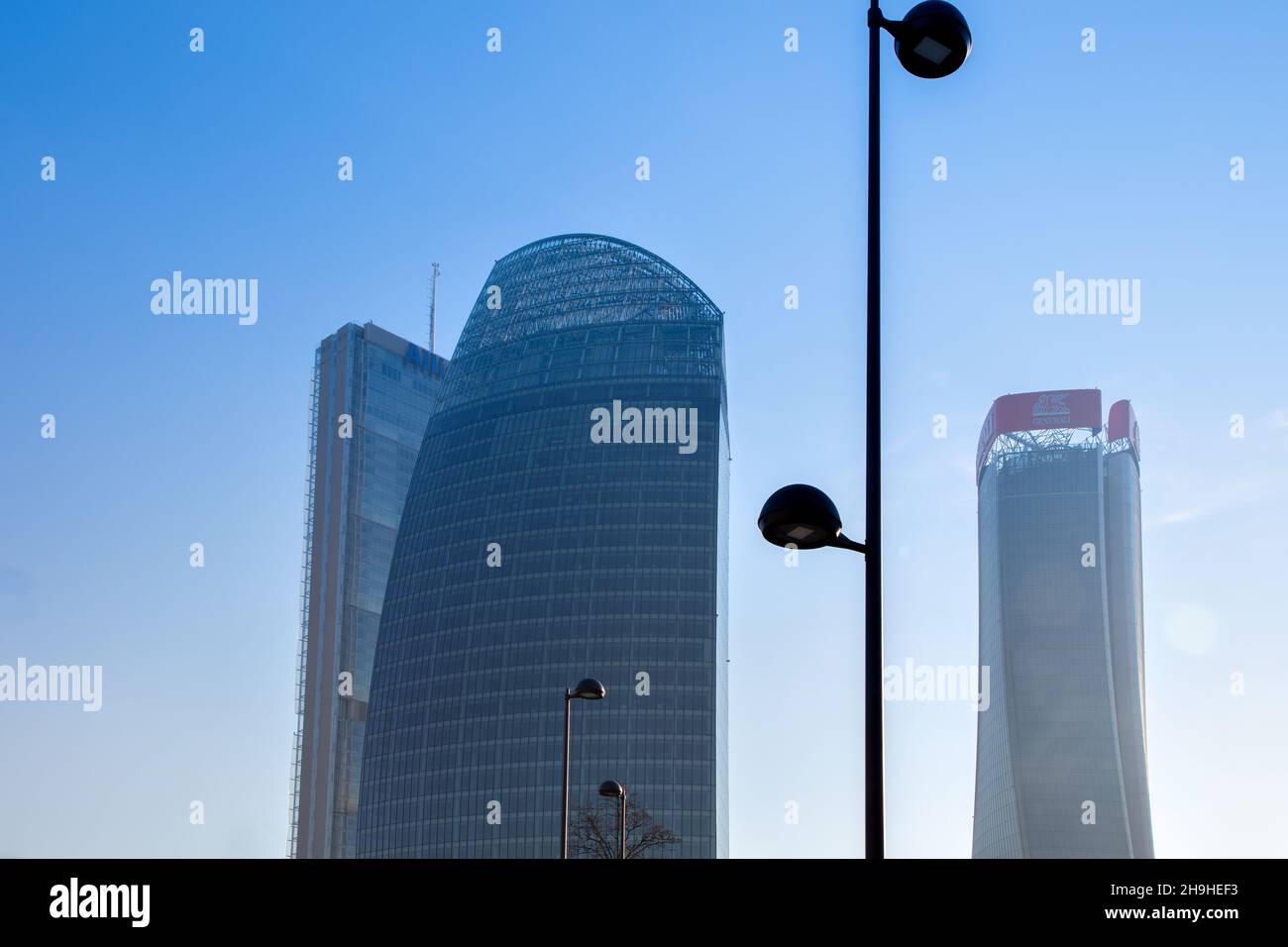 an interesting, unusual view, of the the skyscrapers of CityLife by day, Milan, Italy Stock Photo