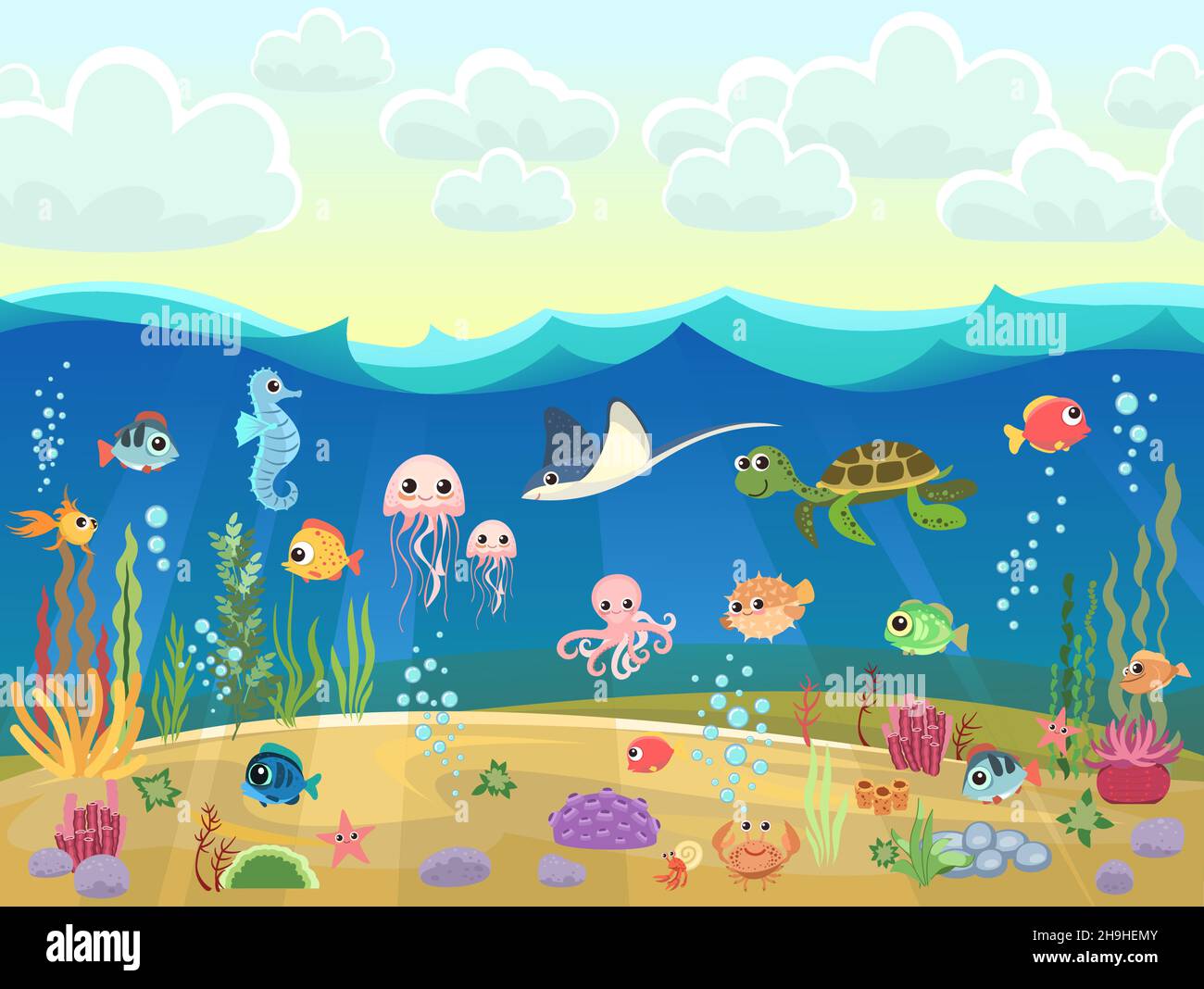 Bottom of reservoir with fish. Blue water. Sea ocean. Sky with clouds. Underwater landscape with animals. plants, algae and corals. Cartoon style Stock Vector