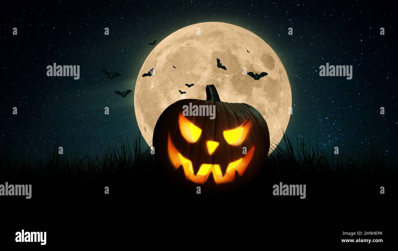 Scary pumpkin and bats in a field with a full orange moon at night ...