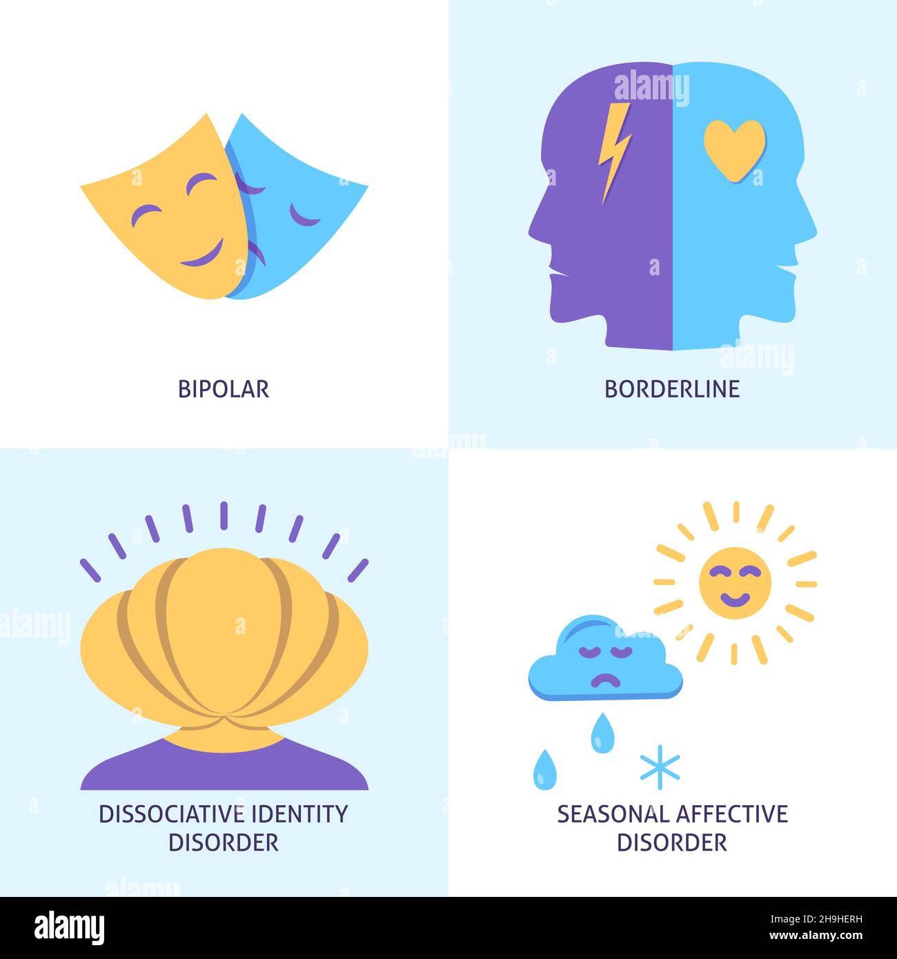 Mental disorders icon set in flat style. Borderline personality, seasonal affective , bipolar and dissociative identity disorder. Vector illustration. Stock Vector