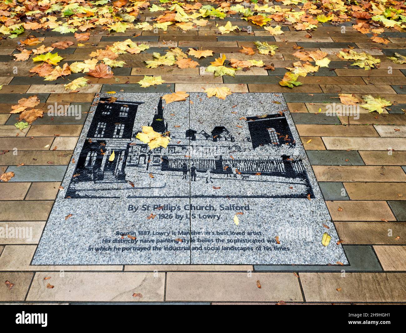 Plaque depicting By St Philips Church by L S Lowry in St Philips Square City of Salford Greater Manchester England Stock Photo