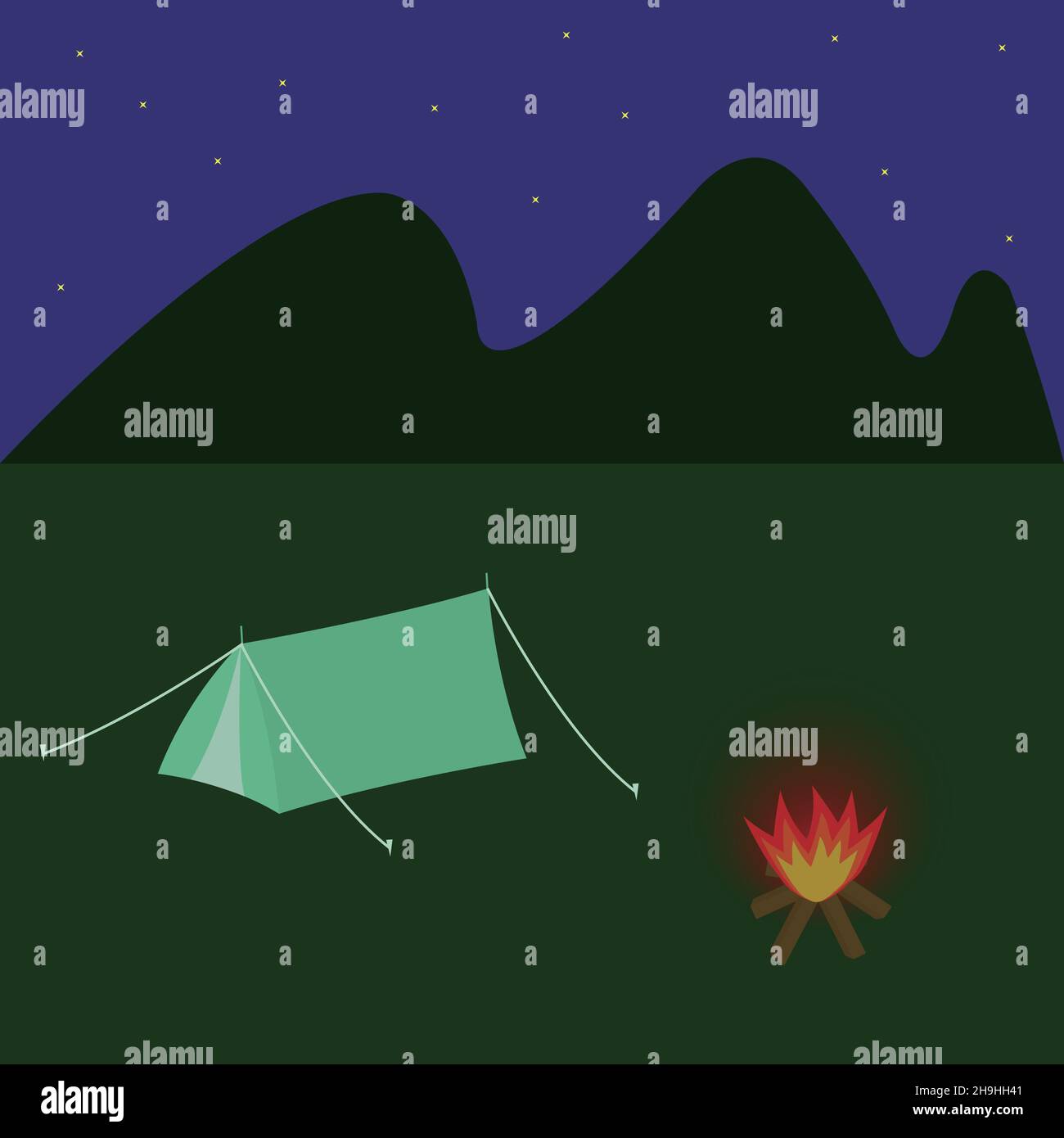 Camping with bonfires in the mountains with sparkling stars Stock Vector