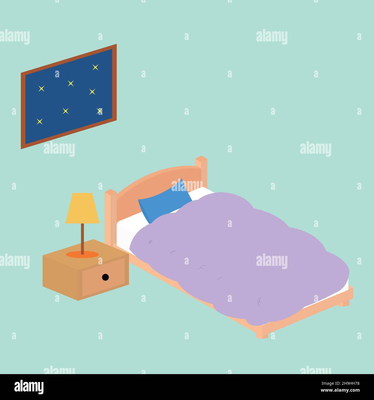 A room with a bed and starlight from the window Stock Vector