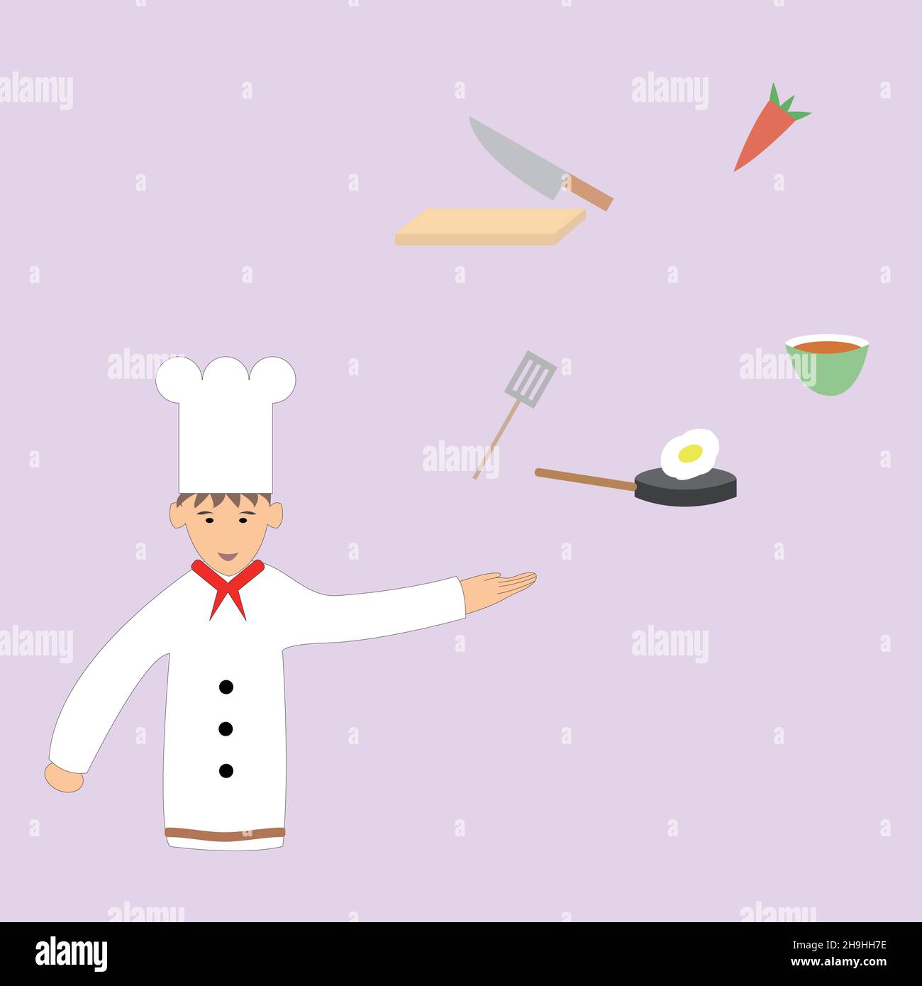 Chef character and various cooking utensils and ingredients Stock Vector