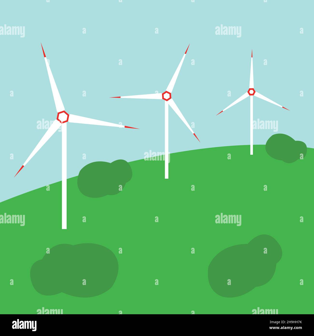 Wind power generators on a hill in the clear sky Stock Vector