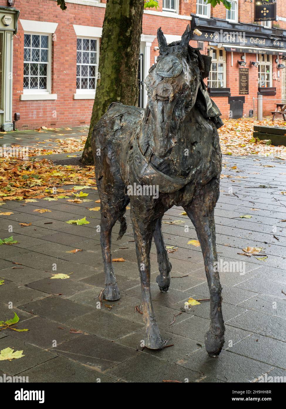 Bronze horse sculpture by Emma Rodgers depicting Salfords pioneering history in Bexley Square Salford Greater Manchester England Stock Photo