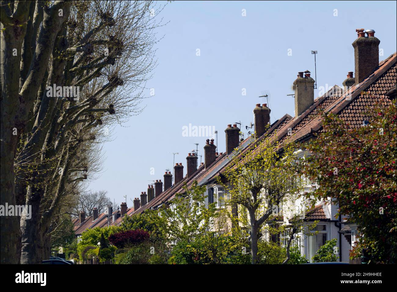 Multiple roof tops with rows of chimneys in Suburban South West London. Stock Photo