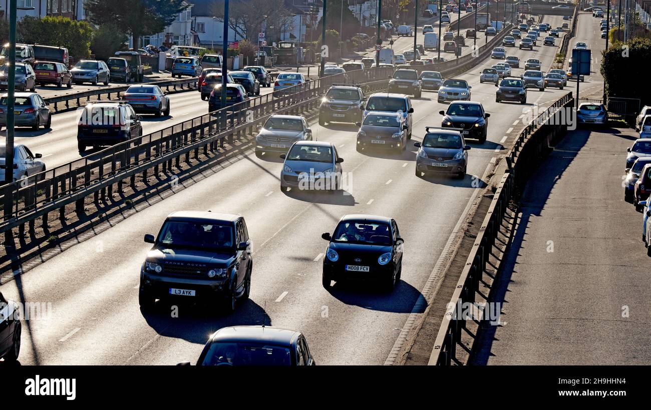 Evening commuting traffic on the A 3 at Shannon’s Corner New Malden. Stock Photo