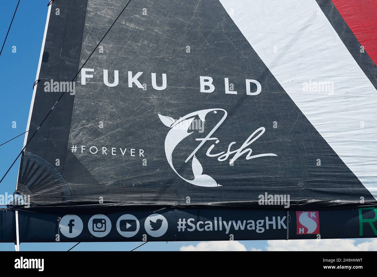 Sydney, Australia. 7th December 2021; Cruising Yacht Club of Australia, Sydney, NSW, Australia: SOLAS Big Boat Challenge; logo on the starboard side of the maxi yacht SHK Scallywag 100 Credit: Action Plus Sports Images/Alamy Live News Stock Photo