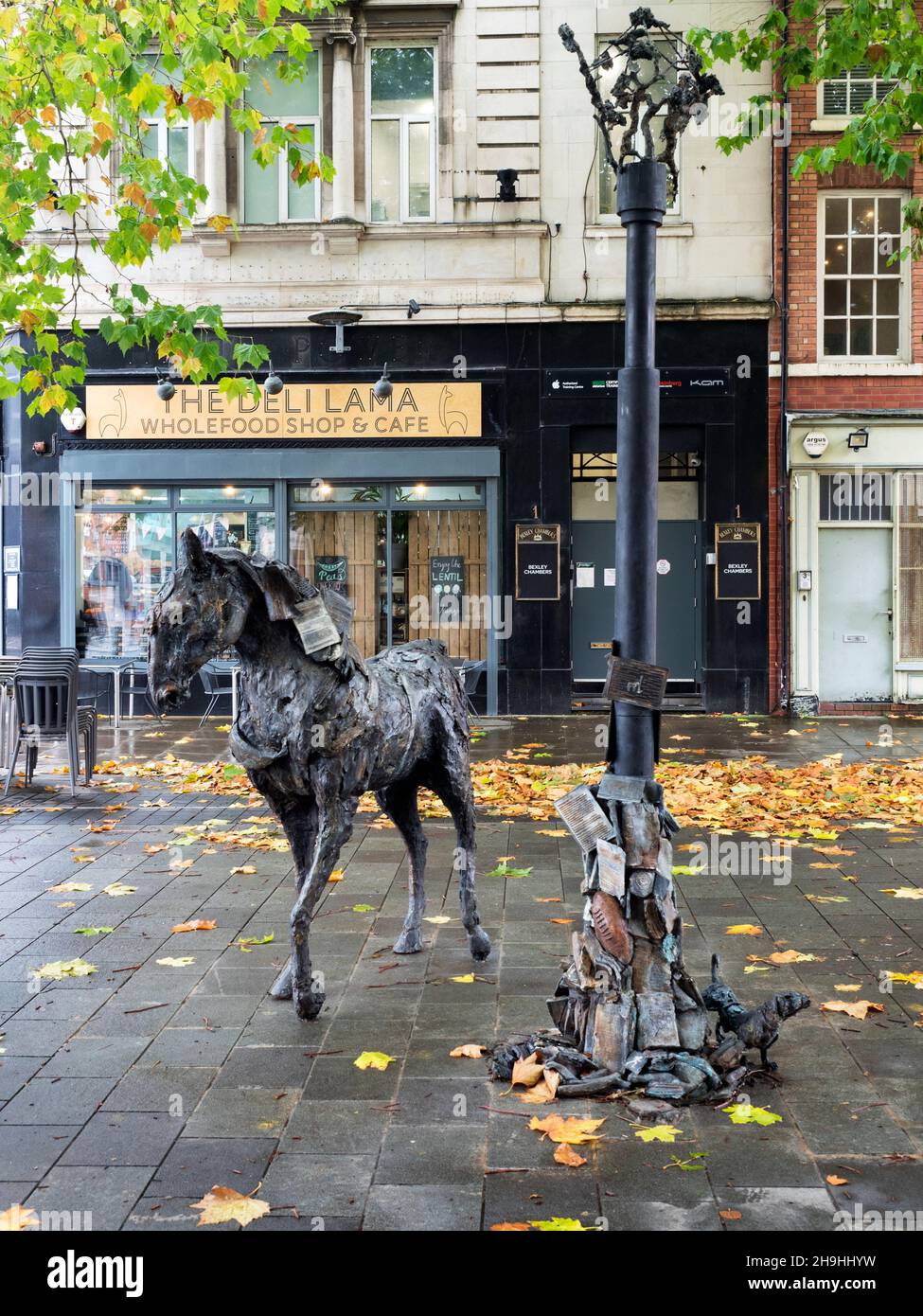 Bronze horse sculpture by Emma Rodgers depicting Salfords pioneering history in Bexley Square Salford Greater Manchester England Stock Photo