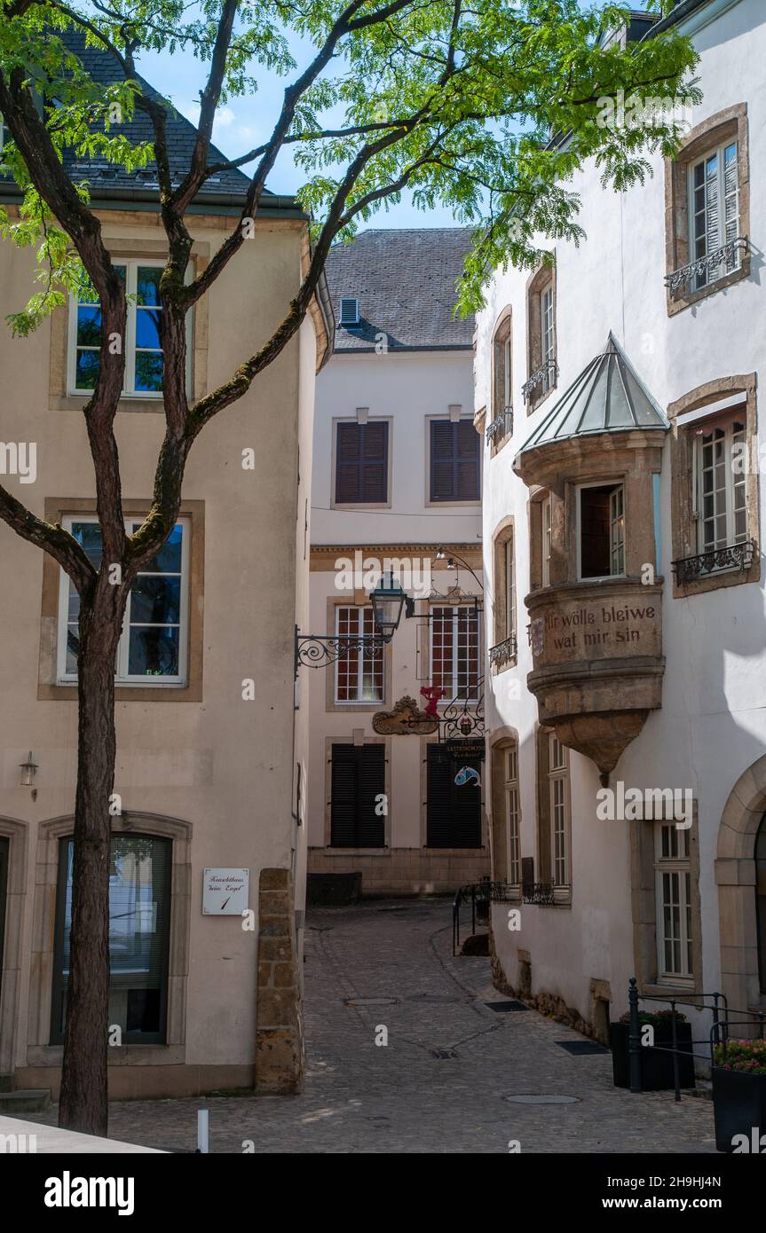 Cobbled and narrow street Rue de la Loge with old houses in the historic part of Luxembourg City. Stock Photo