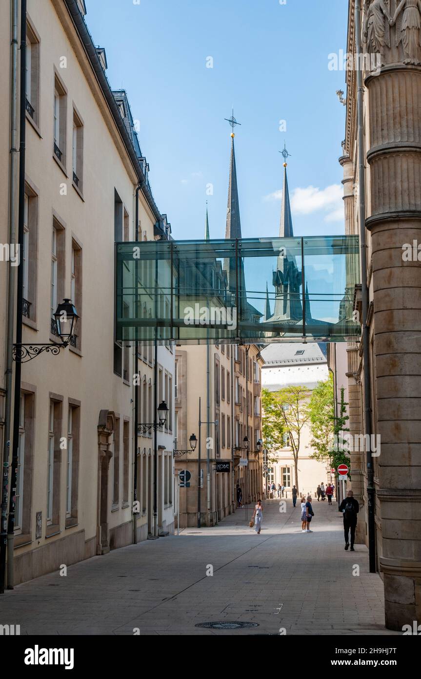 View along Rue de l'Aeu towards Notre-Dame cathedral in the historic centre of Luxembourg City. Stock Photo