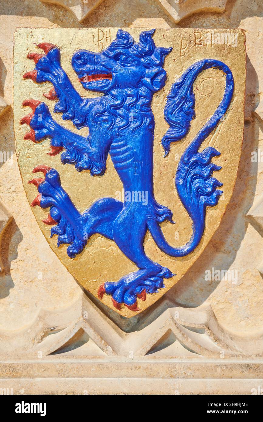 Graffiti on the badge or coat of arms at the shrine or tomb of St Hugh in Lincoln cathedral, England. Stock Photo