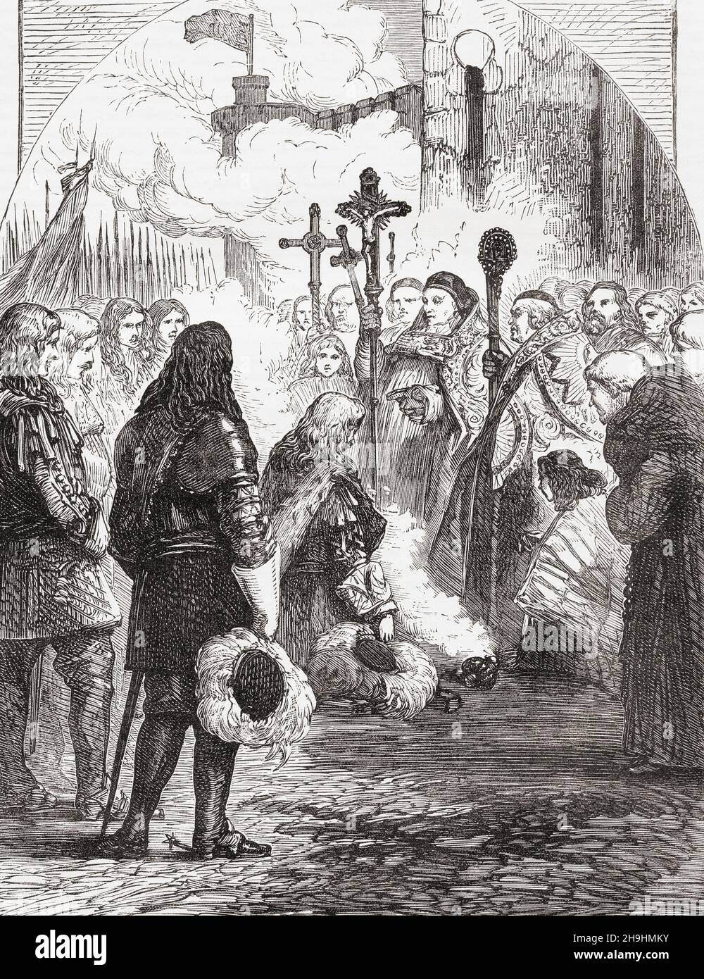 The reception of James II in Dublin, 1698.  After he was deposed in the Glorious Revolution of 1688, James II went into exile in France, where he was welcomed by his cousin  Louis XIV. Louis was at war with William of Orange, James' replacement on the throne of England and Scotland, and encouraged James to travel to Ireland, which still recognised him as its king.  James II and VII, 163O -1701. King of England and King of Ireland as James II, and King of Scotland as James VII.From Cassell's Illustrated History of England, published c.1890. Stock Photo