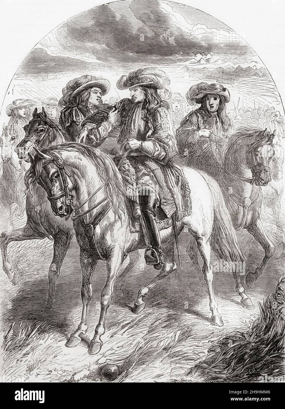 William III wounded at the Battle of the Boyne, 1690.  King William III of England, 1650 -1702, Prince of Orange, Stadtholder of the main Dutch Republic provinces and King of England, Ireland, and Scotland from 1689  - 1702.  From Cassell's Illustrated History of England, published c.1890. Stock Photo