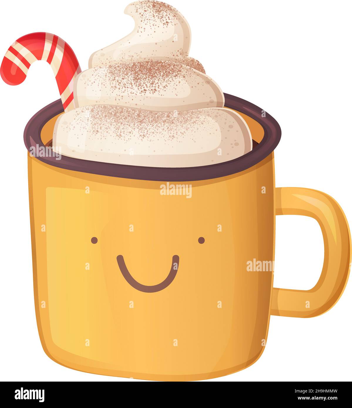Cute christmas hot chocolate with whipped cream and cocoa powder in realistic cartoon style Stock Vector