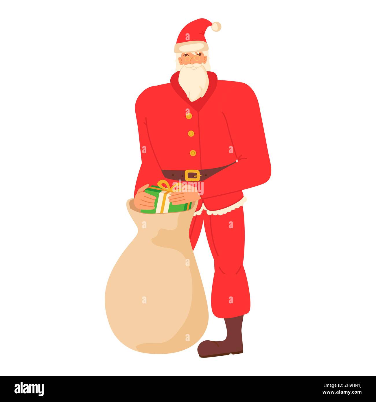 Santa claus holding a bag with presents in flat cartoon style Stock ...