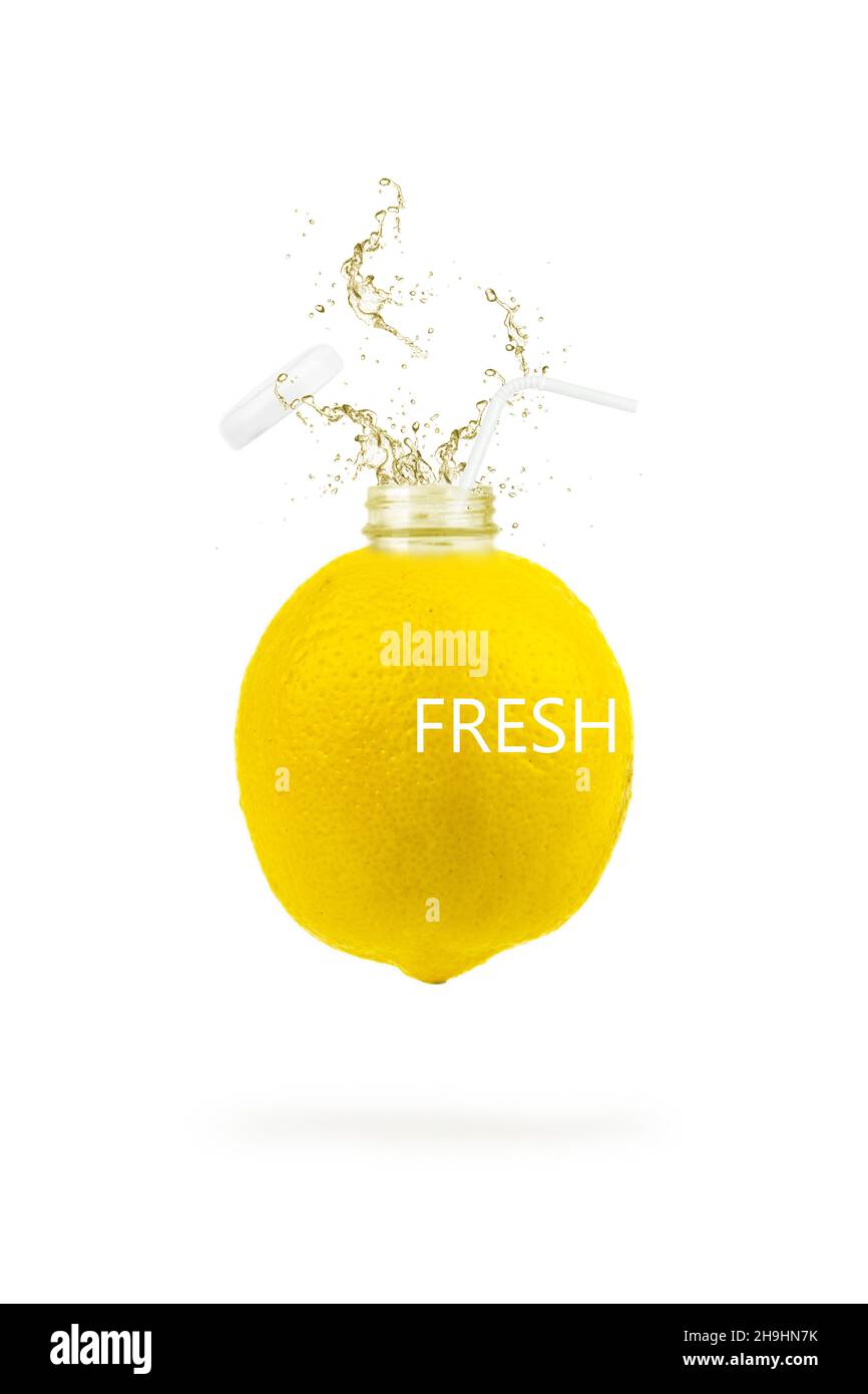 Yellow lemon in the form of bottle, citrus minimal concept, vitamin C. Bottle of lemon juice and fresh lemons Stock Photo