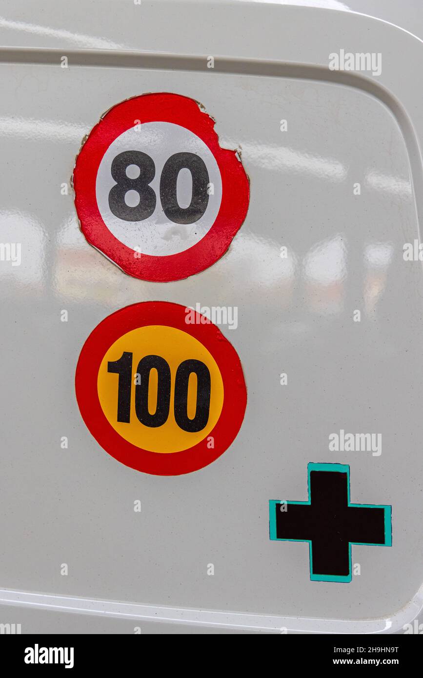 Mandatory Speed Limit Stickers at Commercial Van Stock Photo Alamy