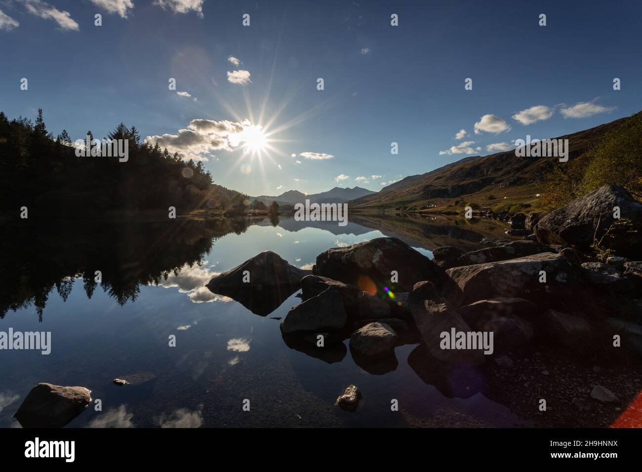 Sunset over Llyn Mymbyr, Snowdonia, North Wales Stock Photo
