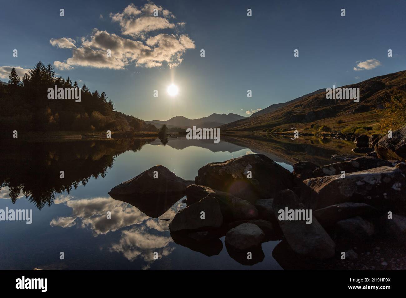 Sunset over Llyn Mymbyr, Snowdonia, North Wales Stock Photo
