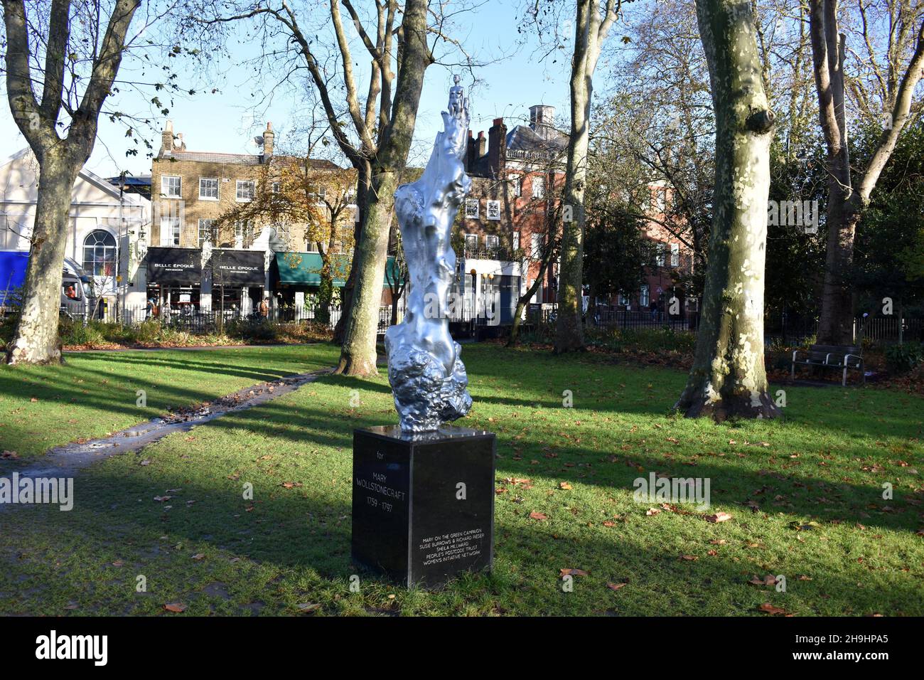 Silvered bronze sculpture dedicated to Mary Wollstonecraft by Maggi Hambling, Newington Green, North London Stock Photo