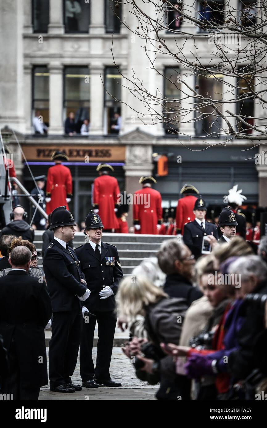 The coffin of Baroness Margaret Thatcher is carried up the steps of St Paul's Cathedral in Central London.  Stock Photo