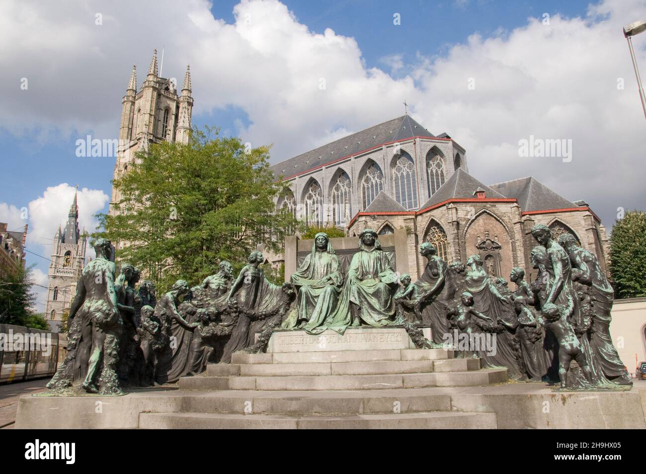 The Ghent Alterpiece  statue by Jan Van Eyck outside St Bavo's Cathedral, Ghent Stock Photo