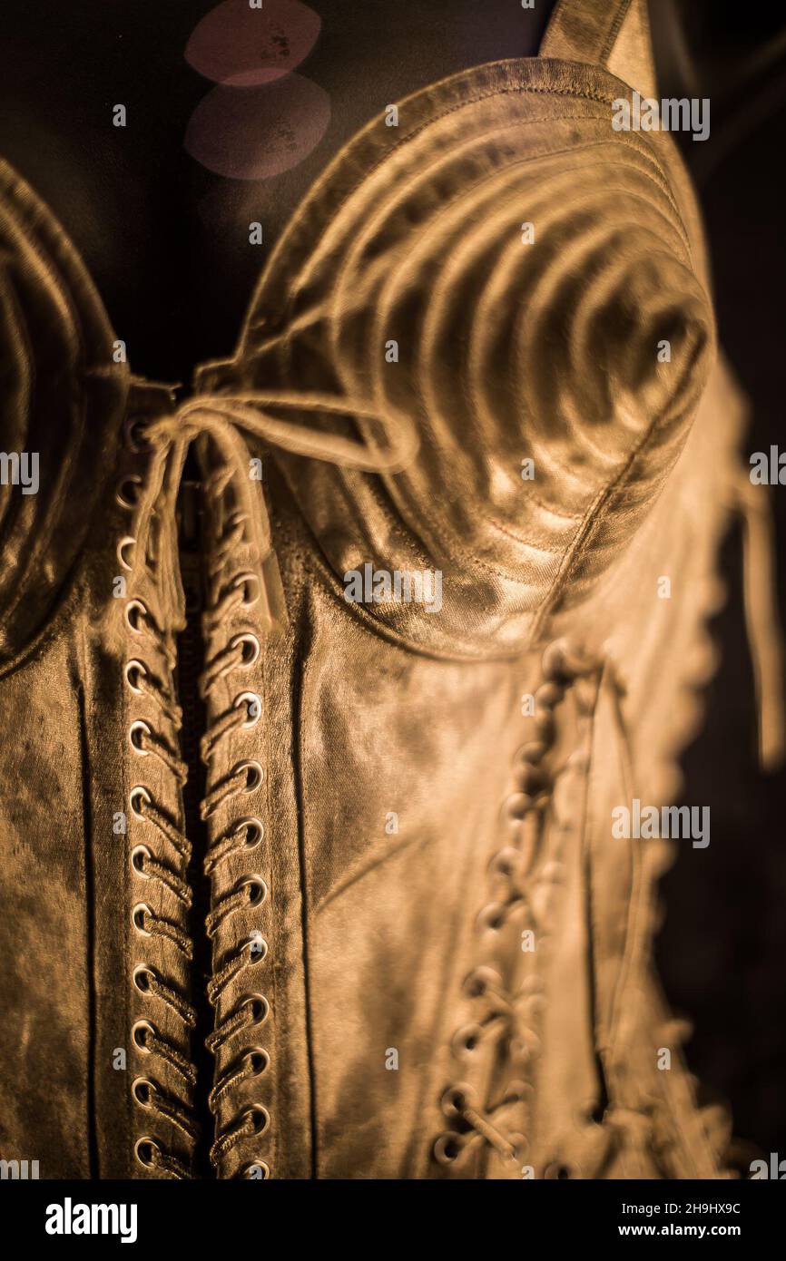 Detail from Madonna's famous cone-bra costume designed by Jean-Paul Gaultier  in the Hard Rock Couture show, previewed at the Hard Rock Calling festiva  Stock Photo - Alamy
