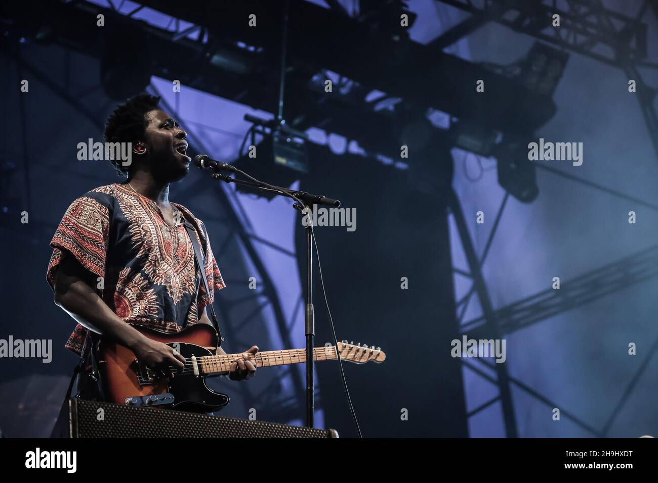 Kele Okereke of Bloc Party performing live on stage as part of the Latitude 2013 festival in