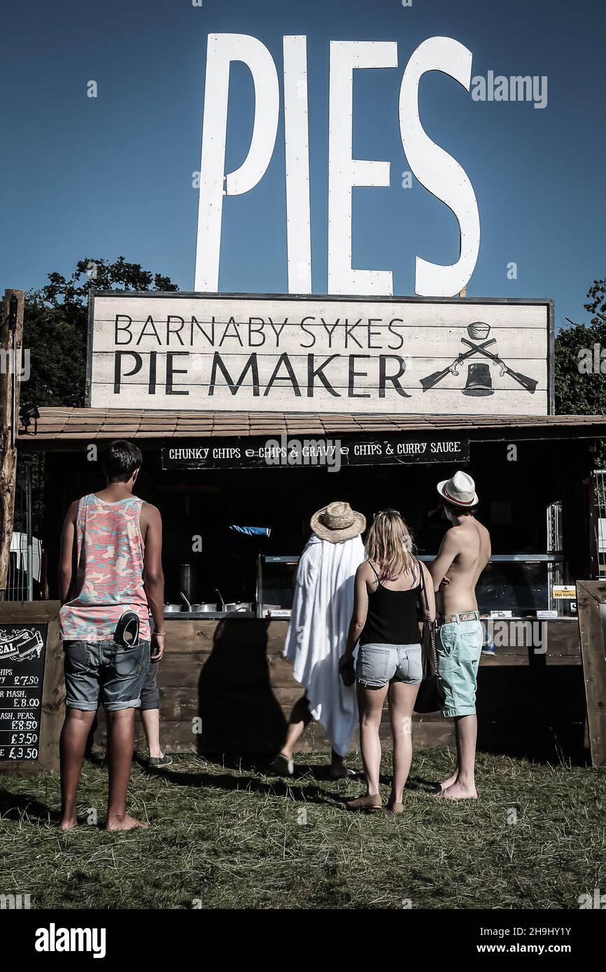 The Barnaby Sykes Pie Maker stall at the Greenman 2013 festival in Glanusk, South Wales Stock Photo