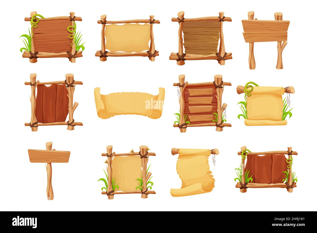 Set Frames from sticks, wooden planks decorated with grass and liana ...