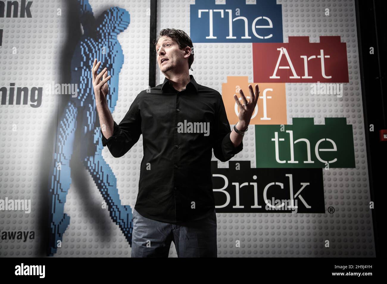 Nathan Sawaya attending The Art of the Brick exhibition, featuring sculptures and pictures made entirely from lego bricks, on opening day at the Old Truman Brewery gallery in London's Brick Lane. Stock Photo