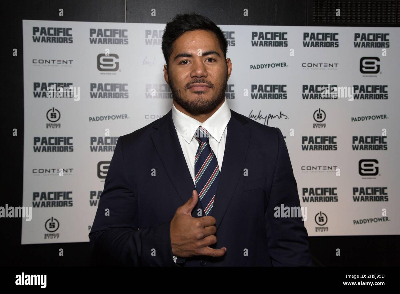 Manu Tuilagi arrives at the Curzon Cinema in London's Shaftesbury Avenue to attend the opening night of Pacific Warriors, about the culture of rugby in Somao and Tonga by director Adam Perrin Stock Photo