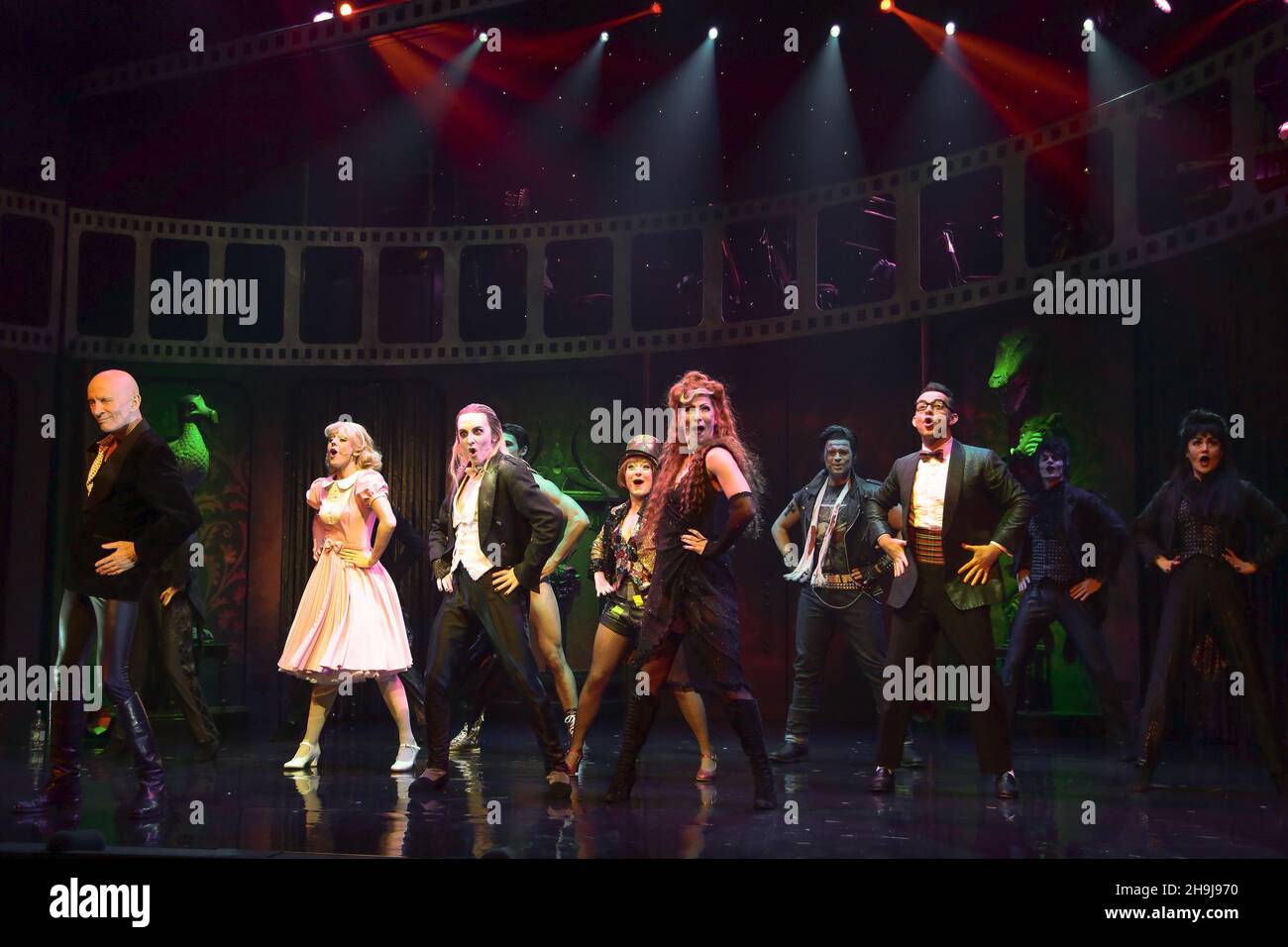The cast of the Rocky Horror Show performing on stage at a press call ...