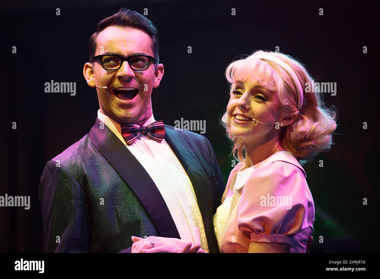 Ben Forster and Haley Flaherty in the Rocky Horror Show performing on stage at a press call at the Playhouse Theatre in London's West End Stock Photo