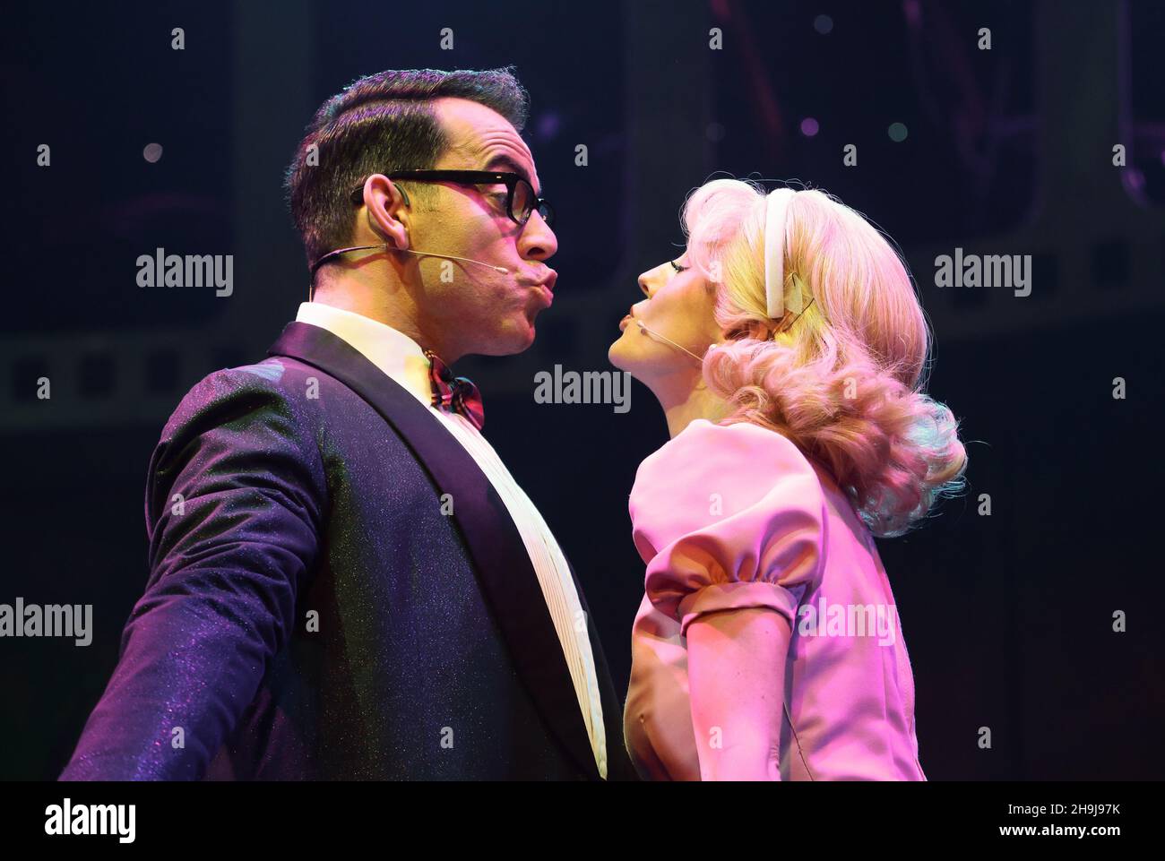 Ben Forster and Haley Flaherty in the Rocky Horror Show performing on stage at a press call at the Playhouse Theatre in London's West End Stock Photo