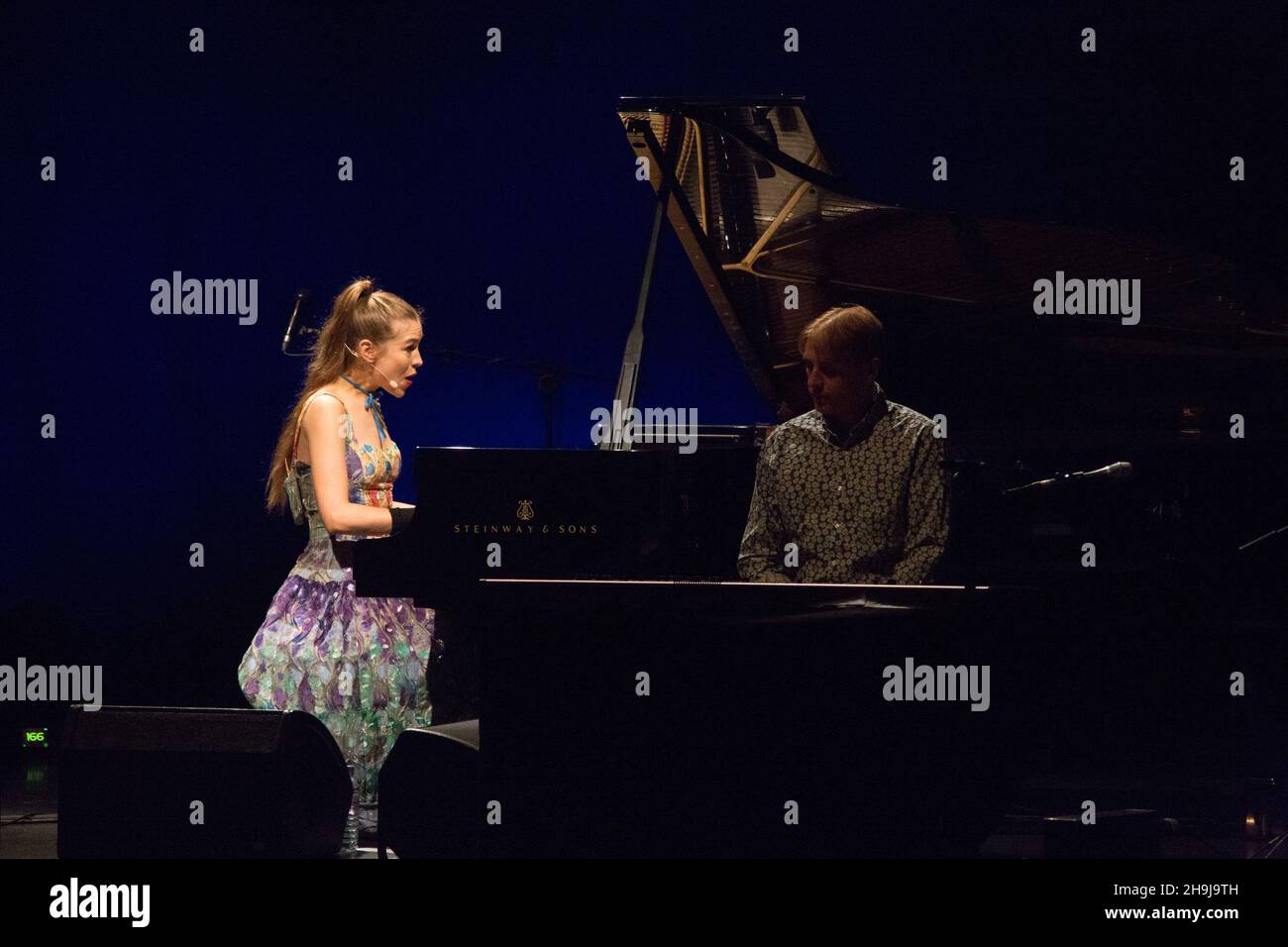 Joanna Newsom with her brother Pete Newsom on stage during the last date of her European tour at the Hammersmith Eventim in London Stock Photo