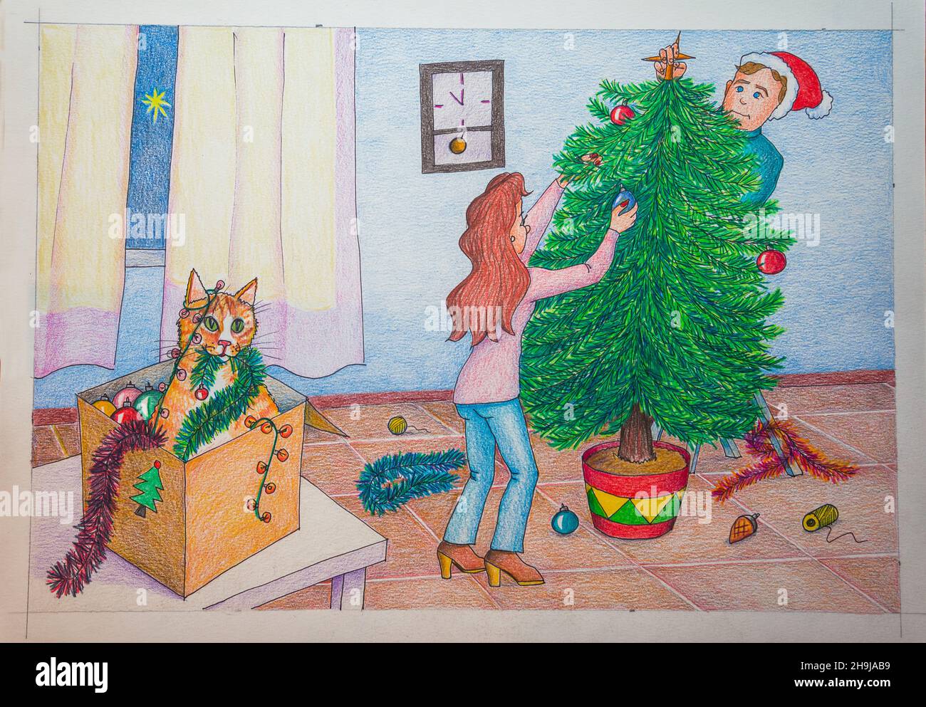 Couple putting the Christmas tree and cat playing in a box. Illustration. Stock Photo