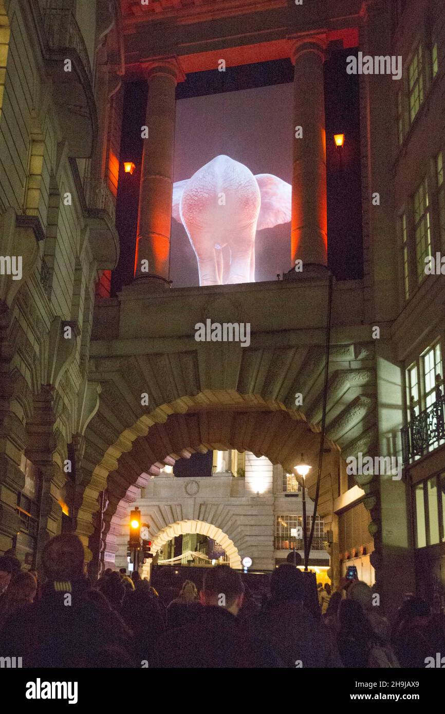 Elephantastic! by Topla-design's Catherine Garret in Air Street, part of Lumiere London, a free light festival in 30 locations across some of the capital's most iconic areas. Stock Photo