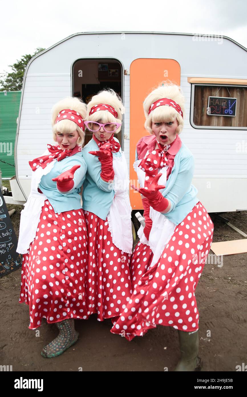 Festival goers in Grease fancy dress at the Glastonbury 2016 Festival