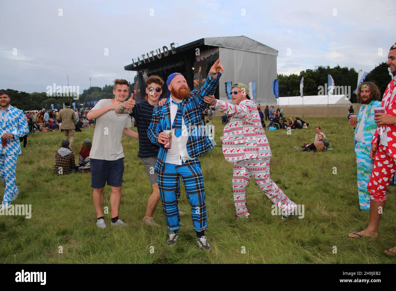A group of men on a stag weekend at Latitude 2016. General views on Day 1 of the 2016 Latitude festival in Southwold, Suffolk Stock Photo