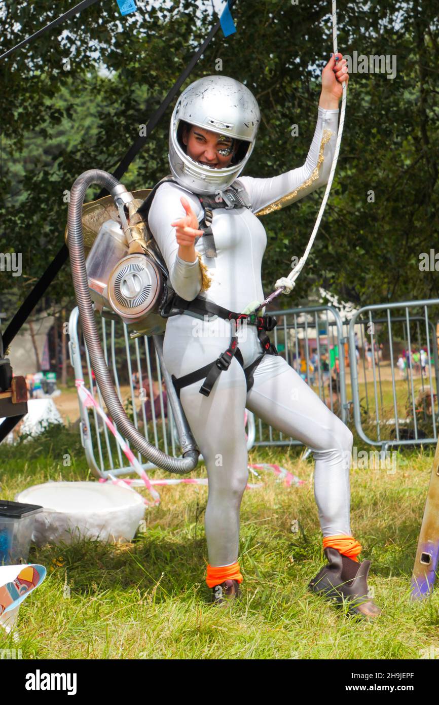 Emily Essery of The Enfants Terribles theatre company performing The Fantastical Flying Exploratory Laboratory at the 2016 Latitude Festival Stock Photo
