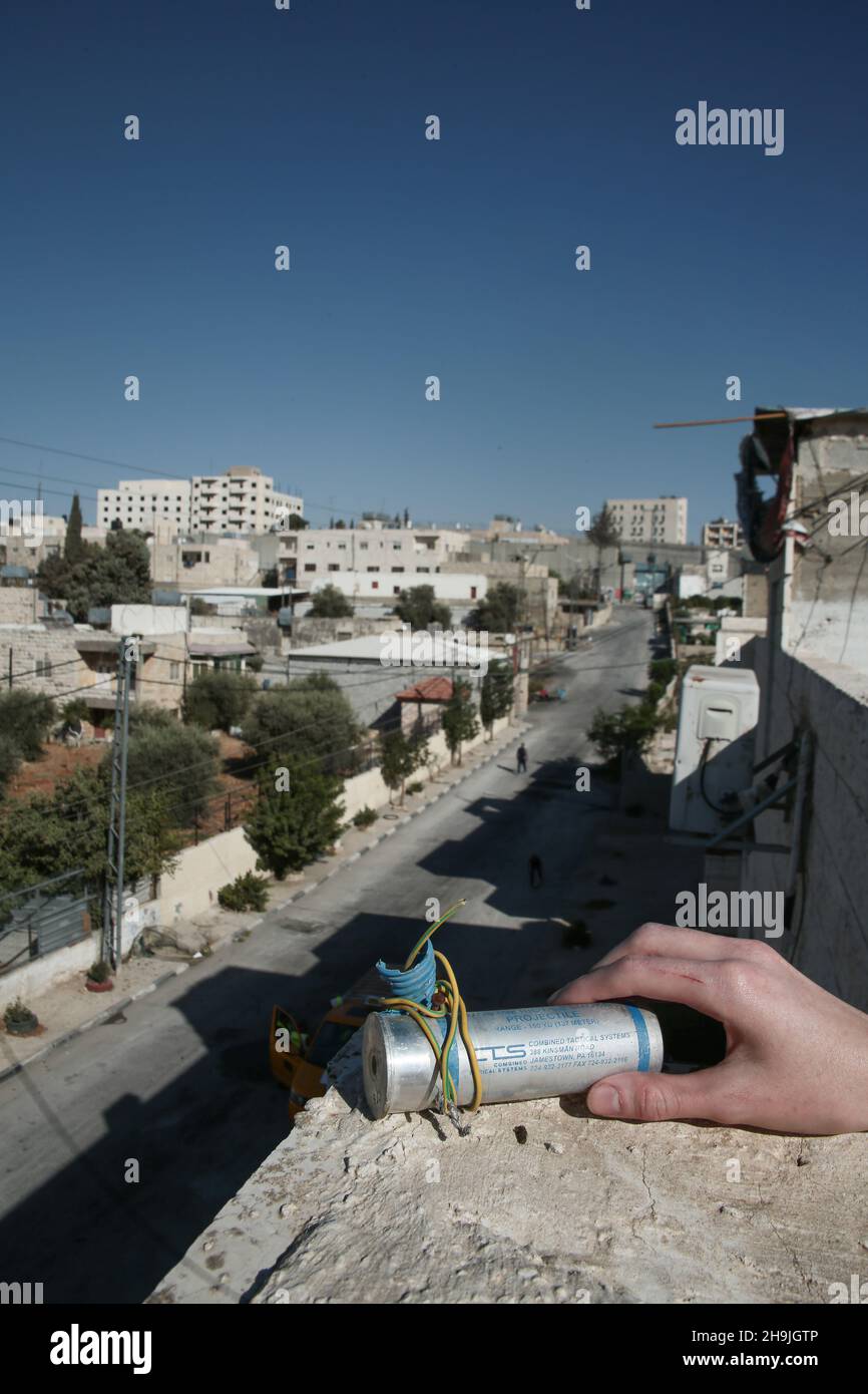 A used CS gas cannister fired by Isreali soldiers near the Aida refugee camp in Bethlehem. From a series of photos commissioned by  British NGO, Medical Aid for Palestinians (MAP). Photo credit should read: Richard Gray/Empics Entertainment Stock Photo