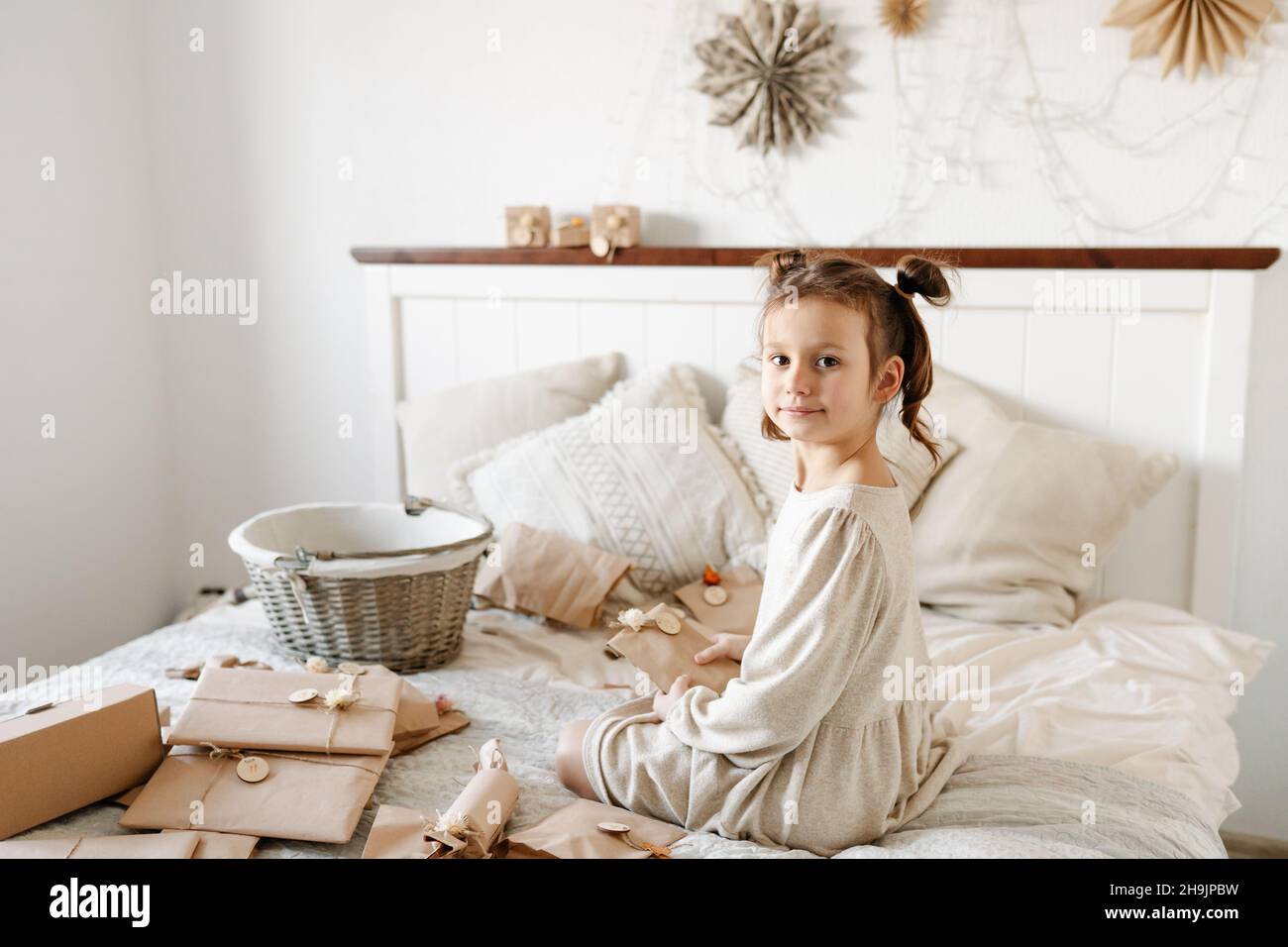 Christmas Advent calendar for kids decorated with dried flowers Stock