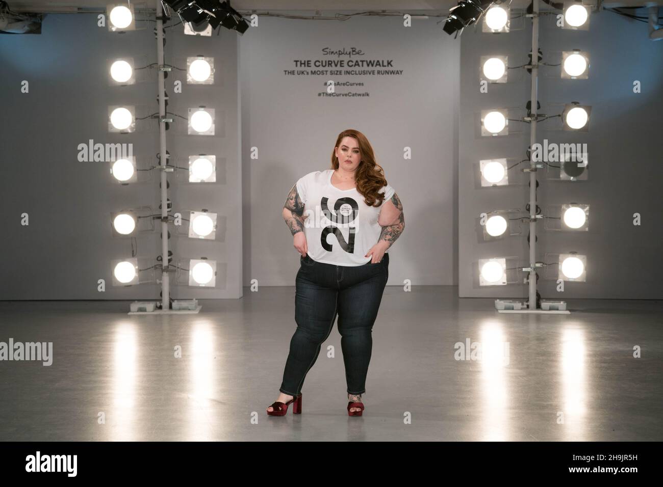 Models (left to right) Tess Holliday, Kelly Knox, Callie Thorpe, Felicity  Hayward, Sonny, Ali Tate and Hayley Hasselhof at a photo call for the Curve  Catwalk, a fashion show celebrating diversity of